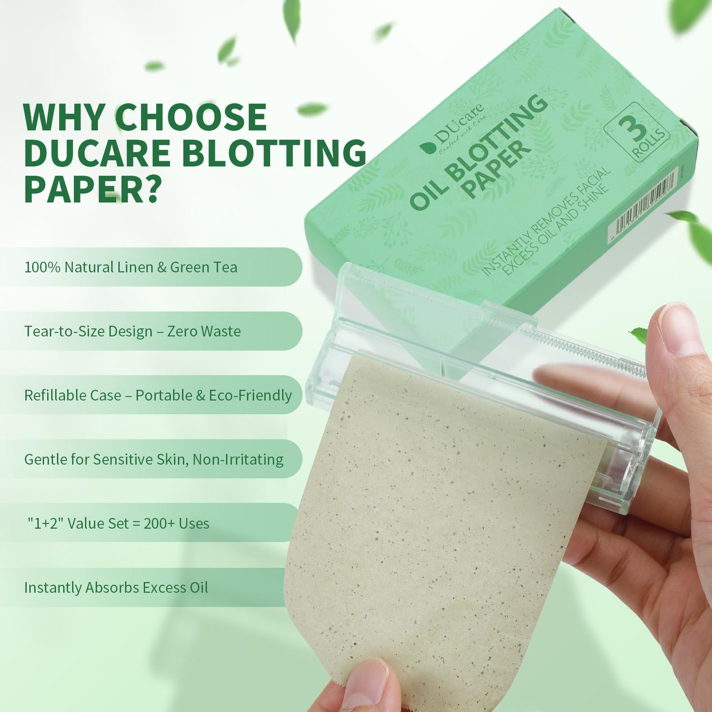 DUcare Oil Blotting Sheets 15M, 3 Roll Green Tea Refillable Oil Absorbing Paper for Oily Skin, On-the-Go Face Blotting Papers for Shine Control, Natural Skin-Friendly Blotting Sheets