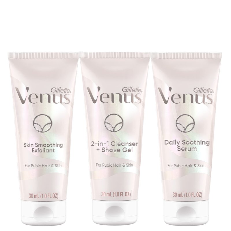 Gillette Venus for Pubic Hair & Skin Travel Gift Set, Includes 1oz Smoothing Exfoliator, 2-in-1 Cleanser, Soothing Serum and Travel Bag