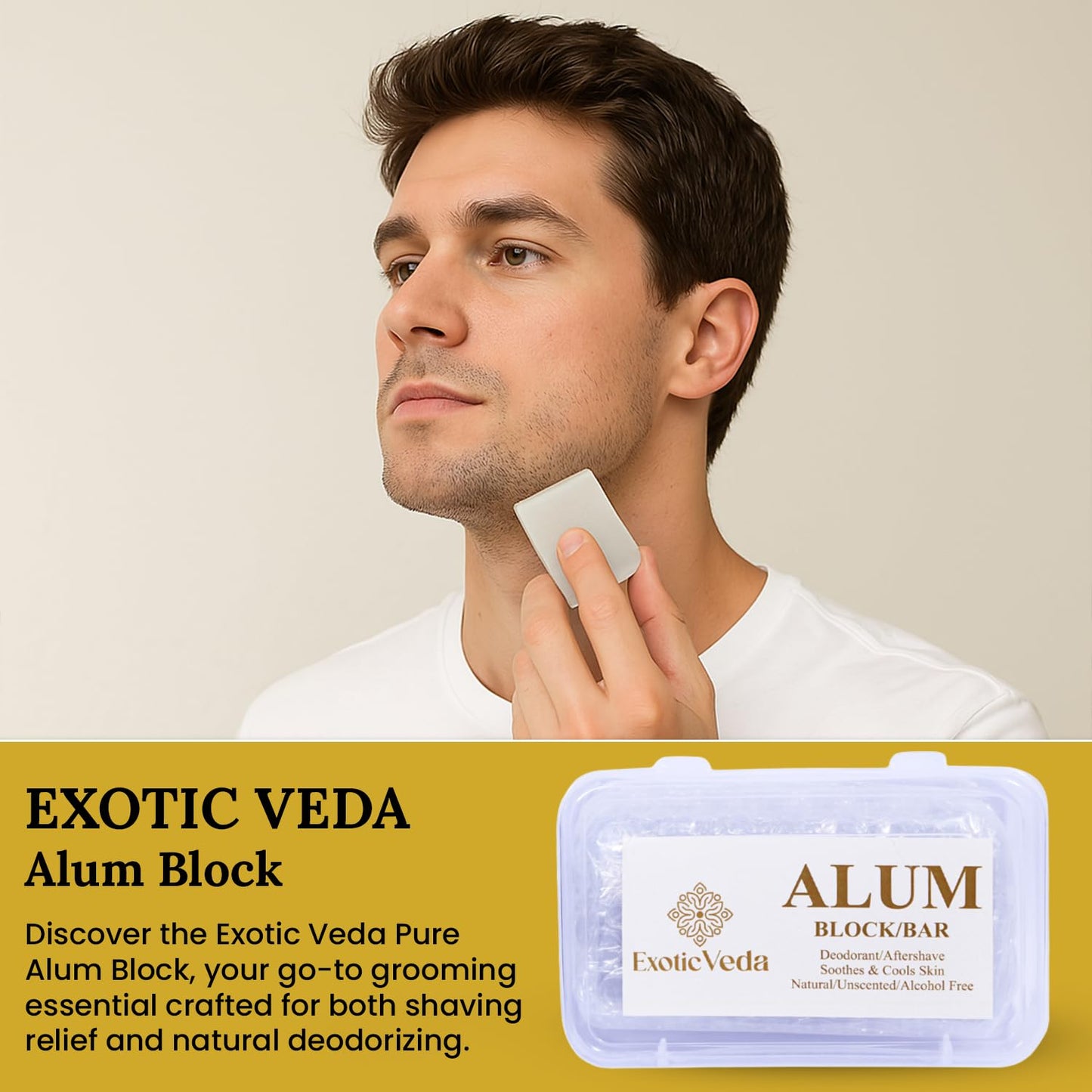 Exotic Veda Piedra de Alumbre Alum Stone 100% Pure Alum Block – Potassium Alum Crystal Stone | Natural, Unscented Deodorant & Aftershave Soothes Razor Burn, Stops Bleeding, Non-Staining, Alcohol-Free