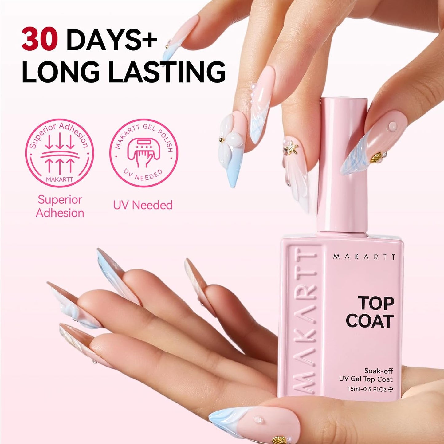 Gel Top Coat - 15ml No Wipe Long Lasting High Glossy Clear Nail Polish | Soak Off UV/LED Compatible for DIY Home Use