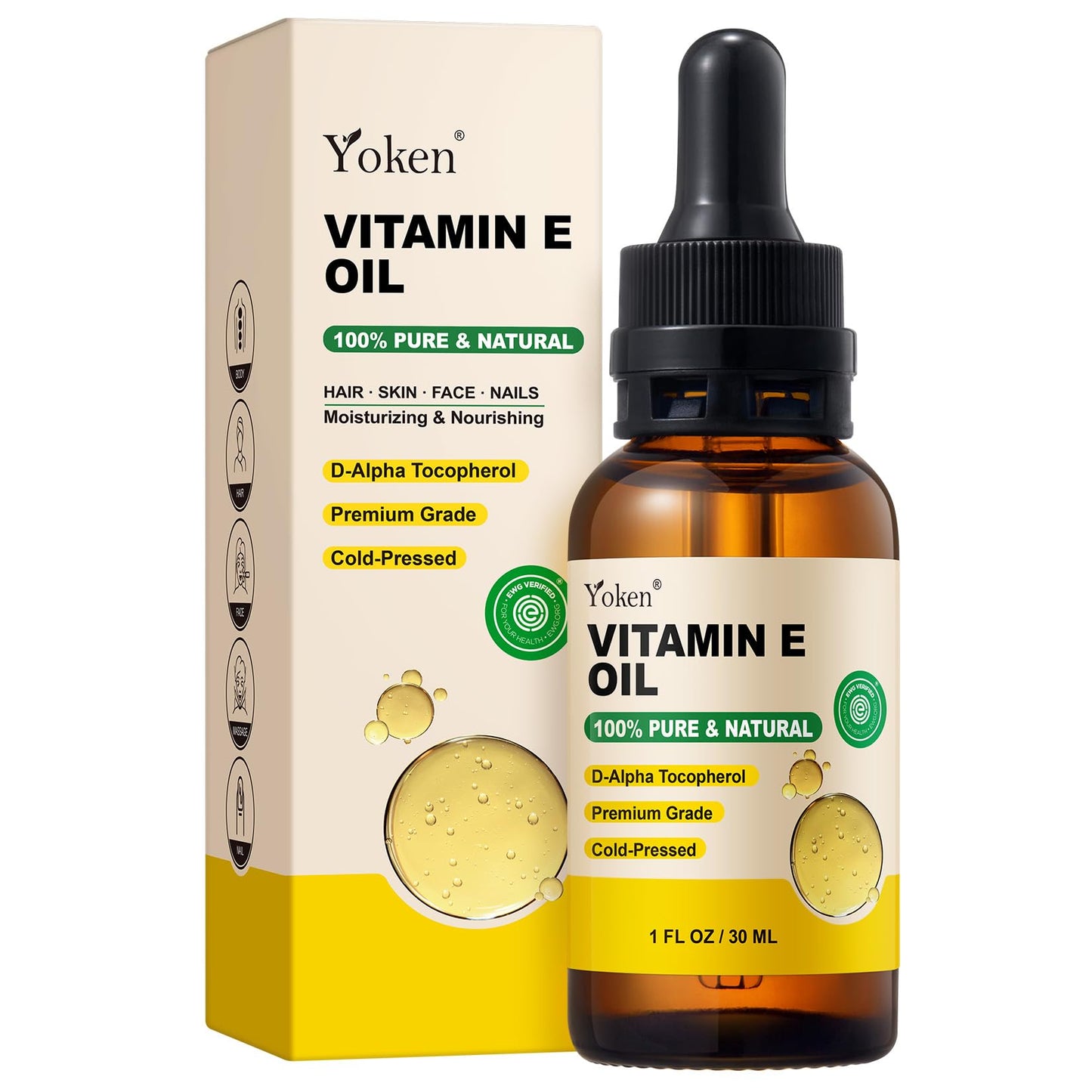 Yoken Pure Vitamin E Oil for Skin 1 Fl oz liquid Vitamine oils for Face Vitamina e Para La Cara Perfect Bath and Body Vit e oil for Hair Cold Pressed Hexane Free Formula