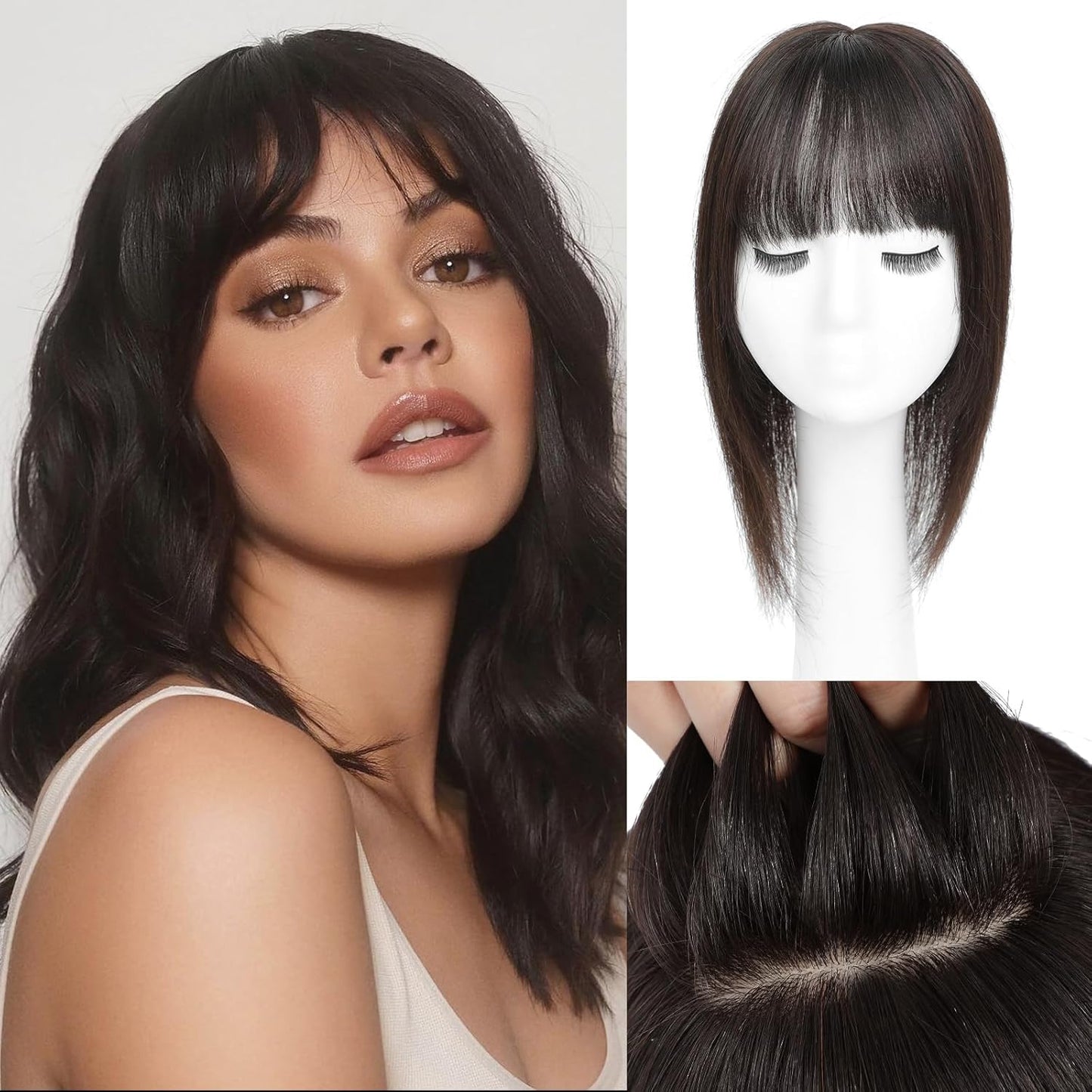 Aimeolyn Hair Toppers for Women - Real Human Hair 12-Inch Wiglet with Bangs for Thinning Hair | Big Base Scalp Coverage
