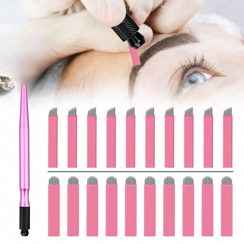 Guapa Professional Manual Microblading Pen Kit with 20 Disposable Microblading Needles - Matte Black/Pink Pen,Ergonomic Design for Eyebrow and Lip Tattooing (Kit 1-Pink)