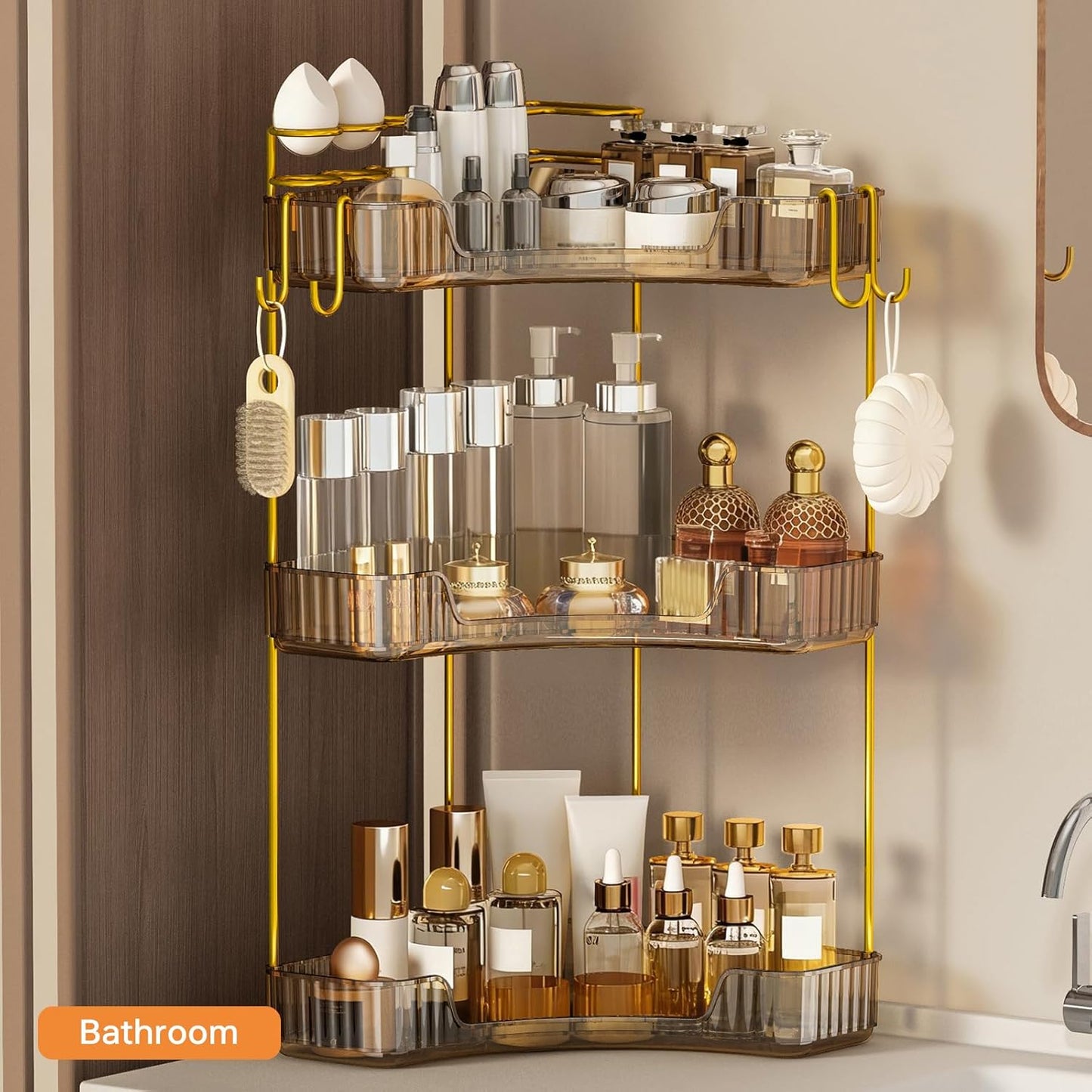 3-Tier Corner Bathroom Organizer - Makeup & Skincare Shelf with Built-in Brush Holder | Space-Saving Amber Design