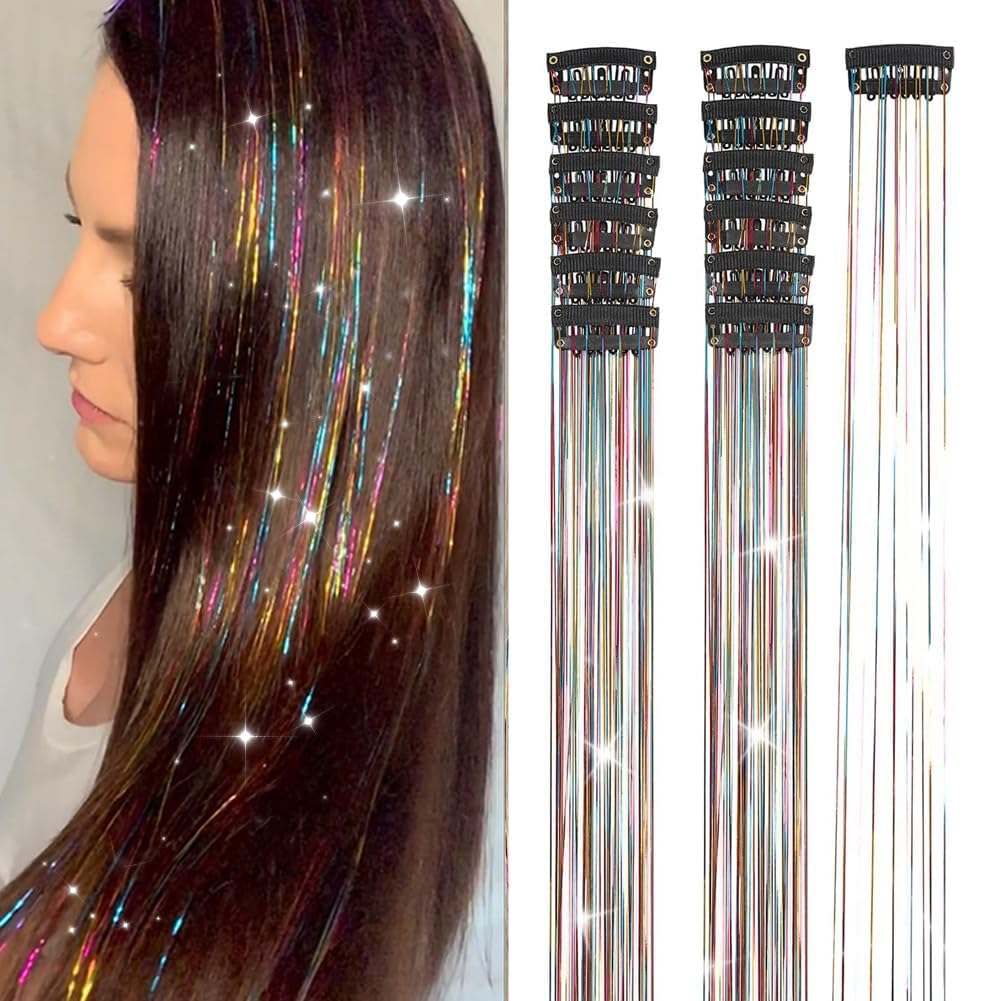 Hair Tinsel 12Pcs Clip in Rainbow Hair Accessories 20.5 Inch Fairy Hair Tinsel Kit for Women Girls Glitter Extensions for Christmas Halloween New Year Party (Rainbow)