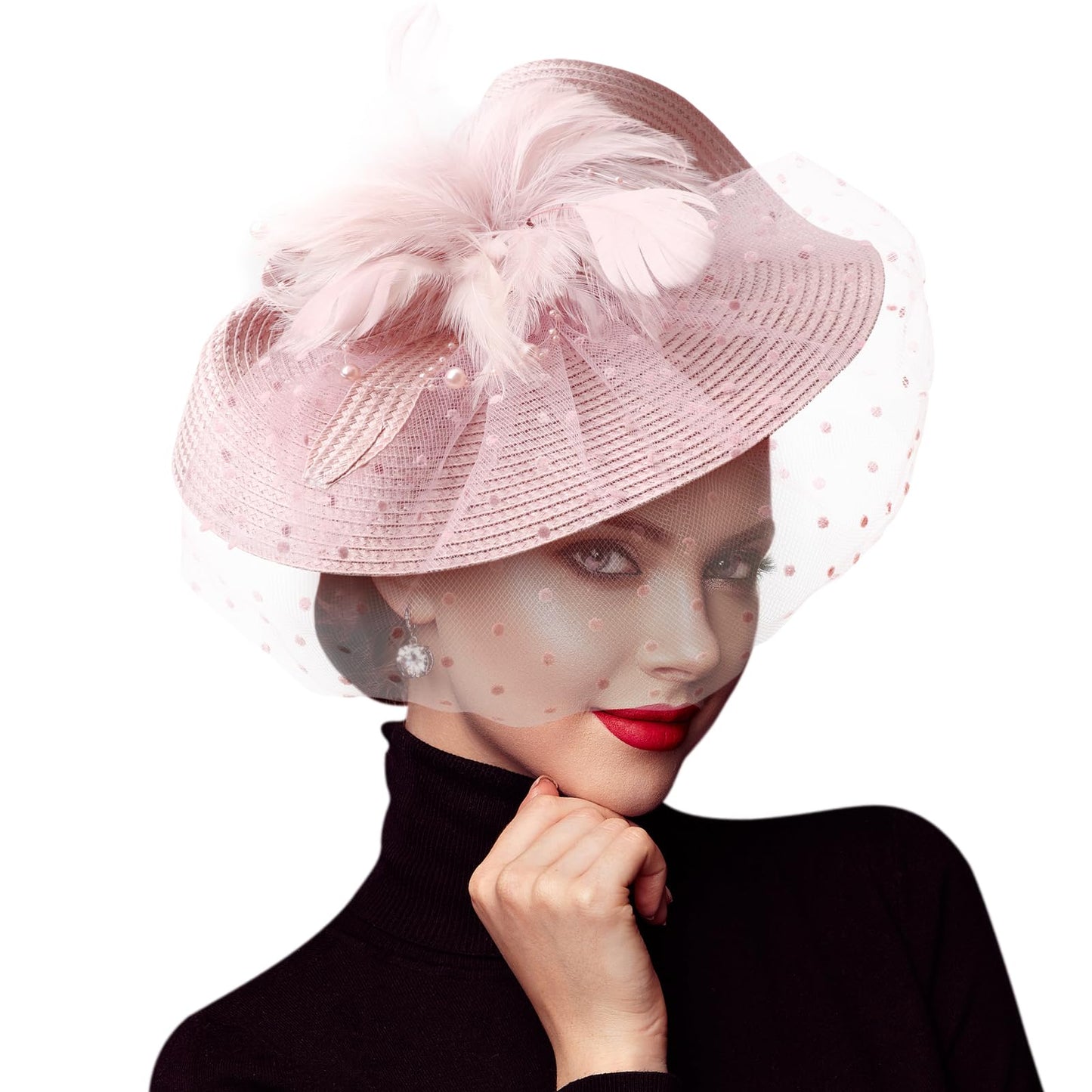 DRESHOW Fascinators Hat Mesh Veil Feathers Hat with a Headband and a Clip Tea Party Headwear for Women
