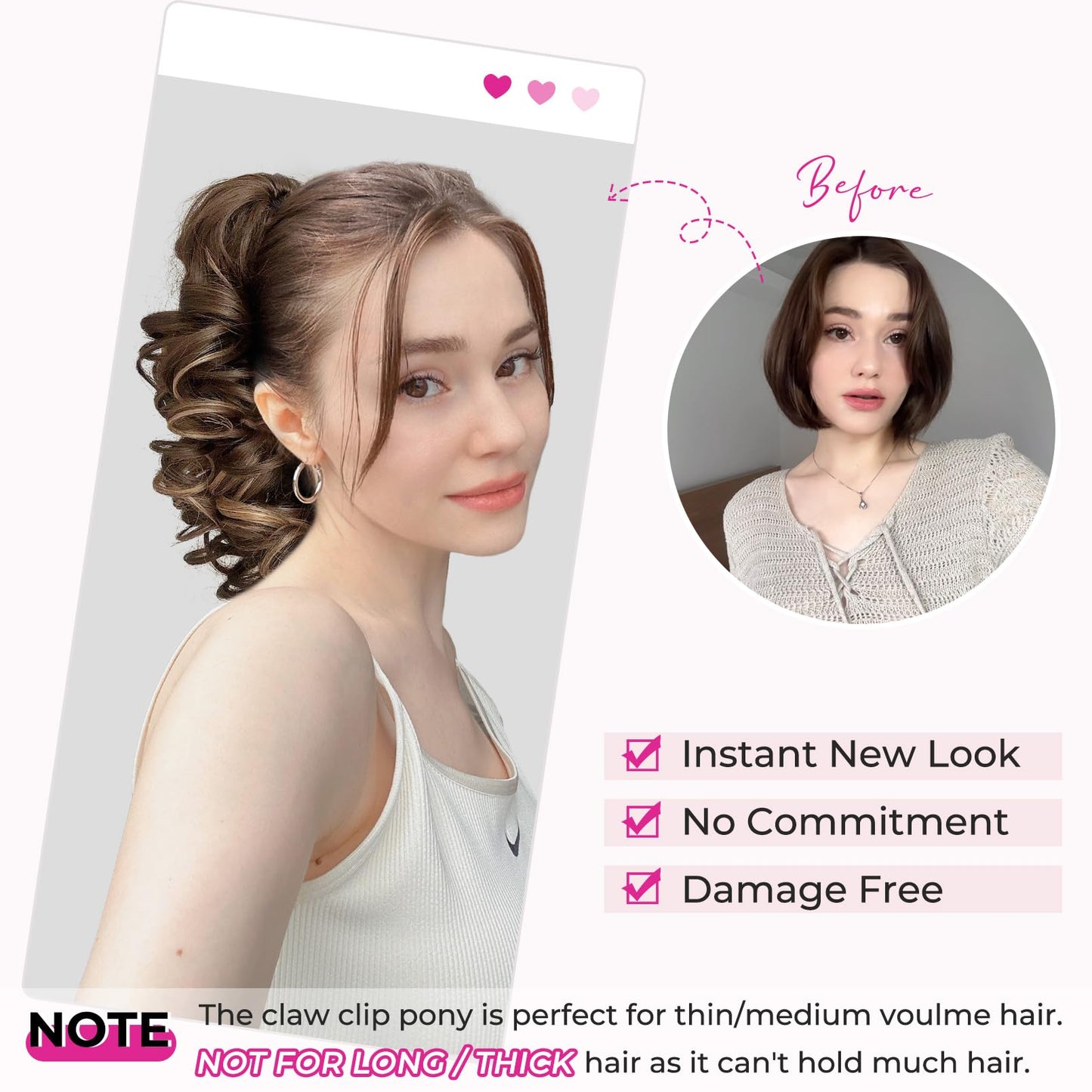 REECHO 16" Ponytail Extension, Classic Loose Curly Wavy Claw Clip Ponytail Wig Extensions Hairpieces for Women - Black Brown
