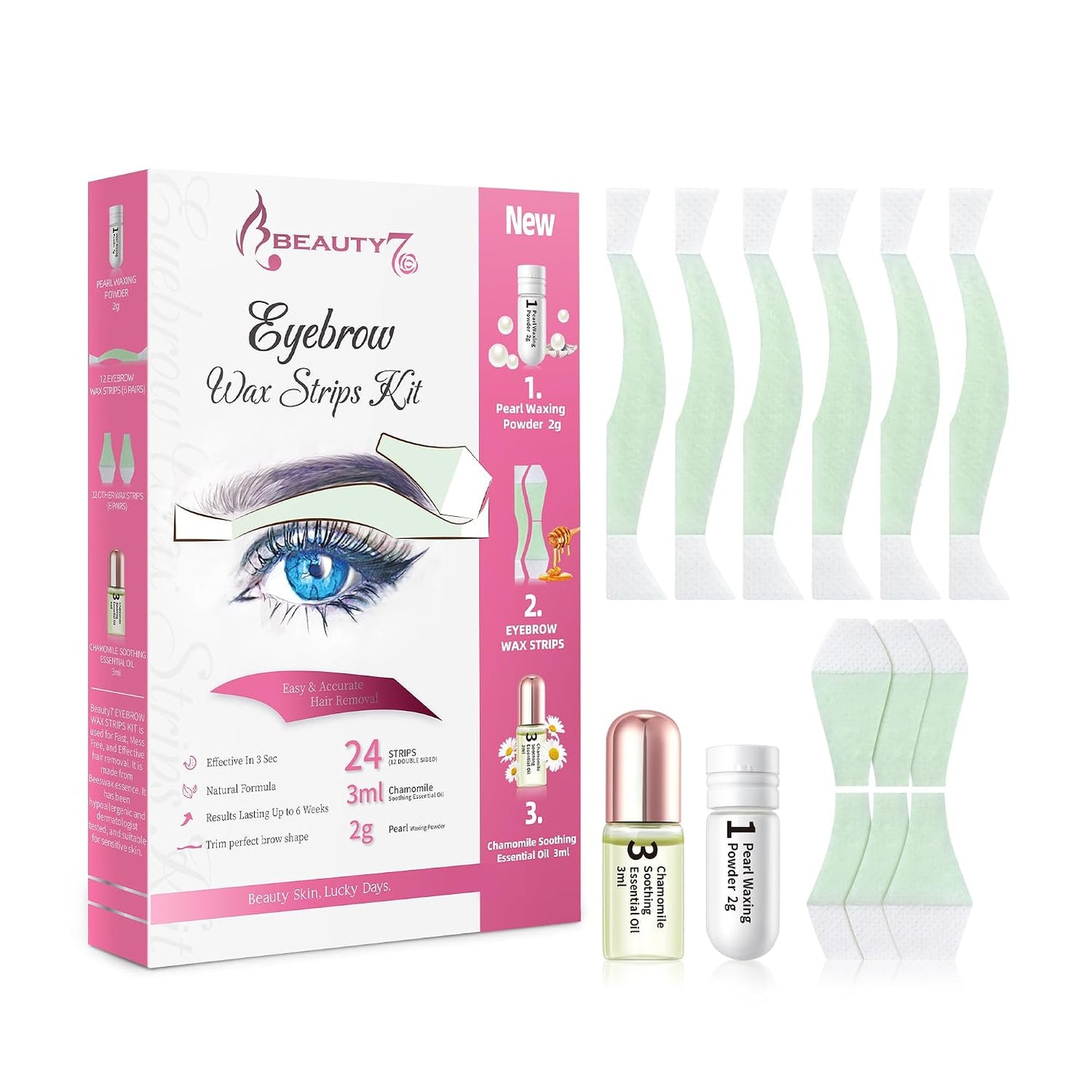 Hair Removal Kit - Eyebrow Wax Strips with Pearl Powder & Essential Oil | 24 Strips for Sensitive Skin