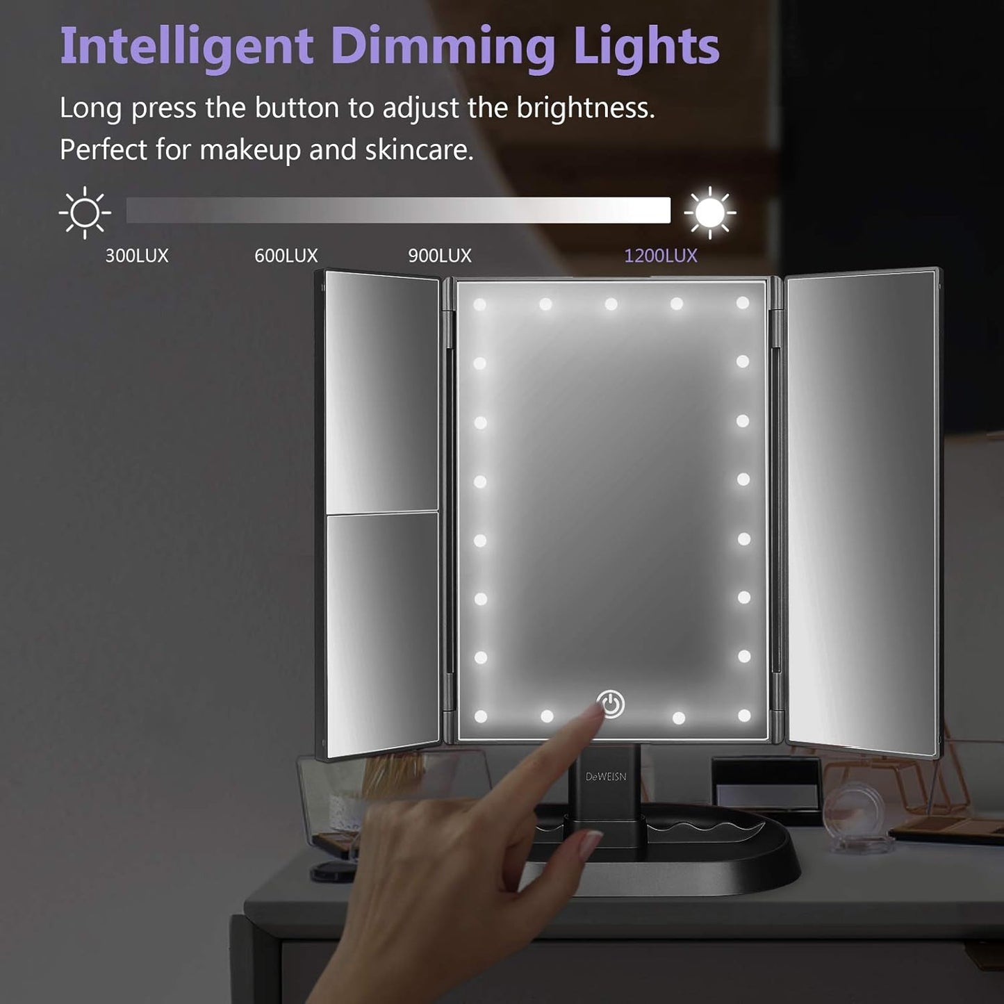 Trifold Lighted Vanity Makeup Mirror - 21 LED Lights, Touch Screen Dimming | 1x/2x/3x Magnification, Dual Power Supply