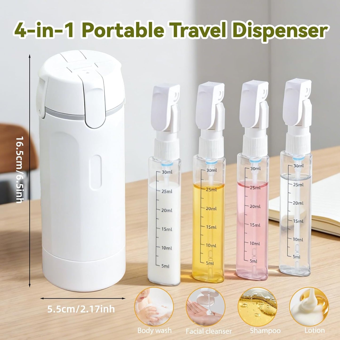 Travel Shampoo and Conditioner Dispenser - 4 in 1 Refillable Leak-Proof Toiletry Bottles | 120ML White
