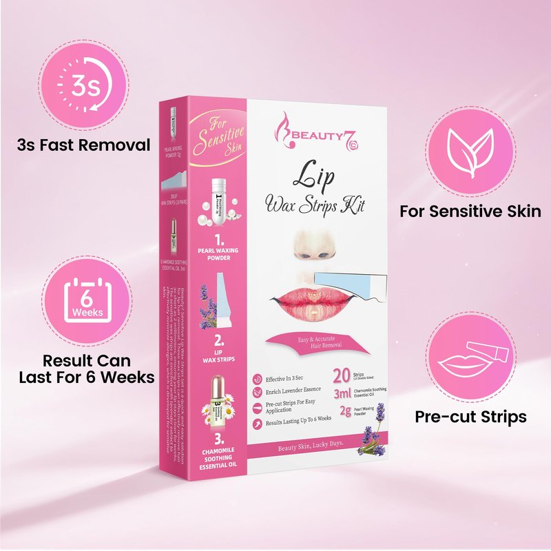 Beauty7 Sensitive Lip Wax Strips, Facial Wax Strips, Face Hair Removal, 20 pcs with Pearl Powder Essential Oil Waxing Strip, for Sensitive Skin Types Women