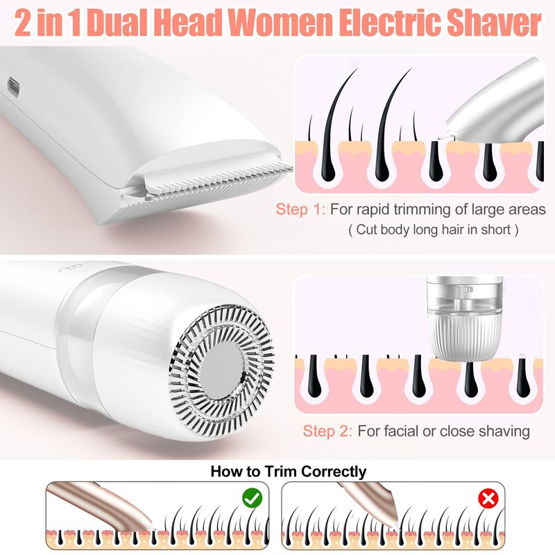 Bikini Trimmer for Women 2 in 1, Dual Head Womens Electric Shaver, Electric Razors for Pubic Hair, IPX7 Waterproof Rechargeable Facial Hair Removal for Shaving Underarm Leg Arm Body Face, White