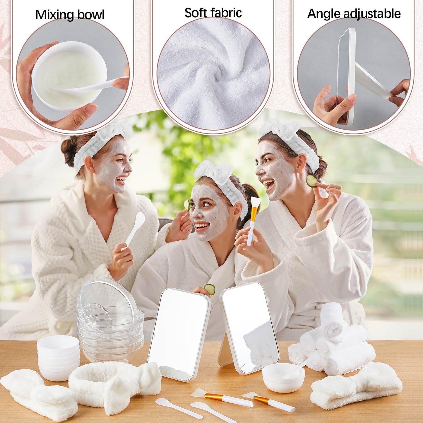 Teenyyou 6 Set White Spa Party Supplies for Girls Women Include Facial Mask Bowl with Stick Spatula Silicone Brush Mirror Headband Towel for DIY Spa Sleepover Slumber Wedding Birthday Party Favor