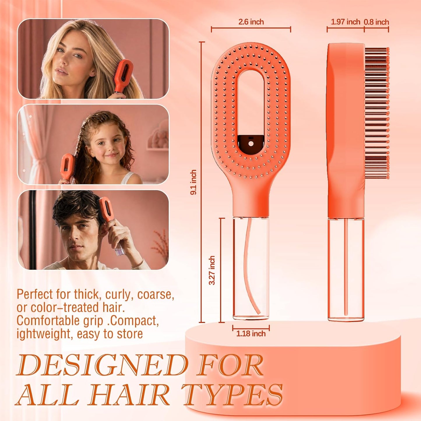 Detangling Hair Brush with Water Spray - Portable Fine Mist Tool for Curly Thick Hair | Lightweight Wet & Dry Styling, Orange