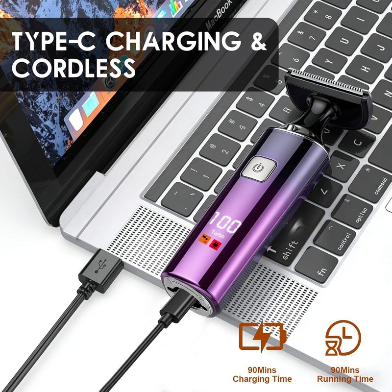Men's Back Shaver - 5-in-1 Rechargeable Trimmer with LED Display & Long Handle | IPX7 Waterproof, Safety Lock (Purple)