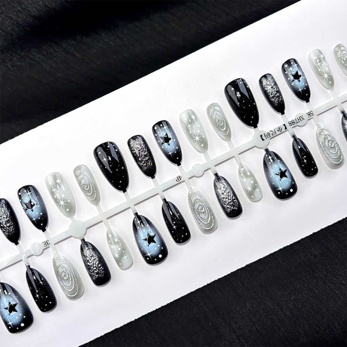 Gothic Y2K Black Almond Press-On Nails - 30 Pcs 3D Silver Glitter Design | Reusable Acrylic Punk Nails
