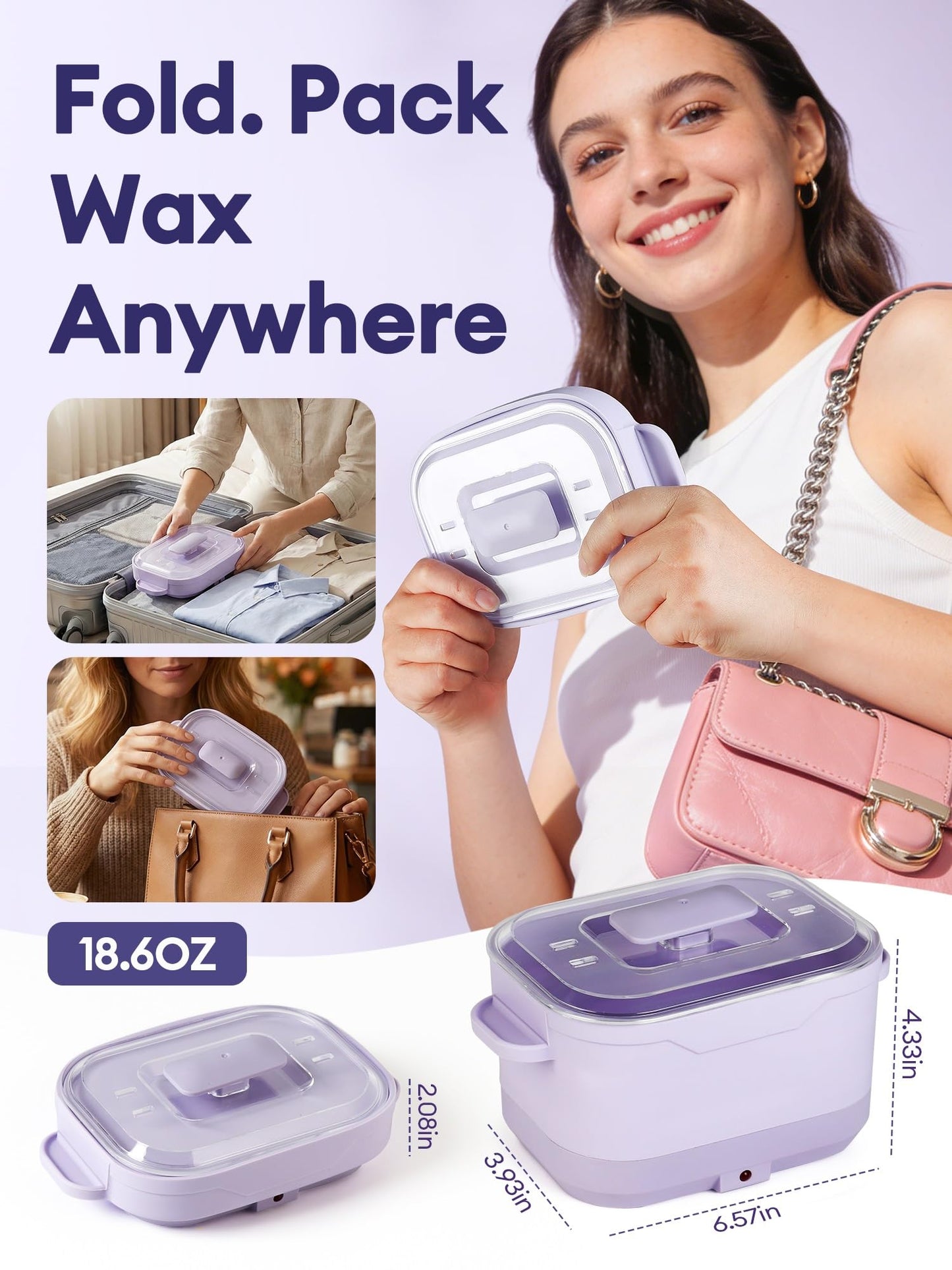 Mini Silicone Wax Warmer, Foldable Silicone Wax Pot Hard Wax Warmer with Reusable Applicator & Curved Spatula, Portable Mini Wax Kit for Eyebrow, Lip & Bikini, Travel Wax Warmer