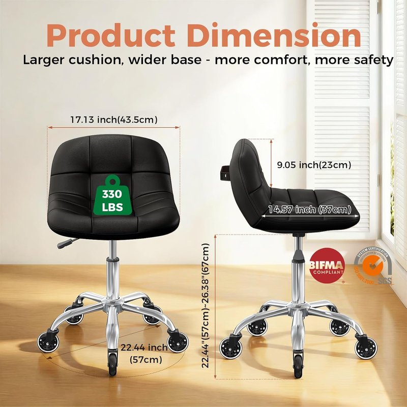 Height Adjustable Rolling Stool Chair - Comfortable PU Leather Cushion | Ideal for Home Office, Salon, Garage, Black