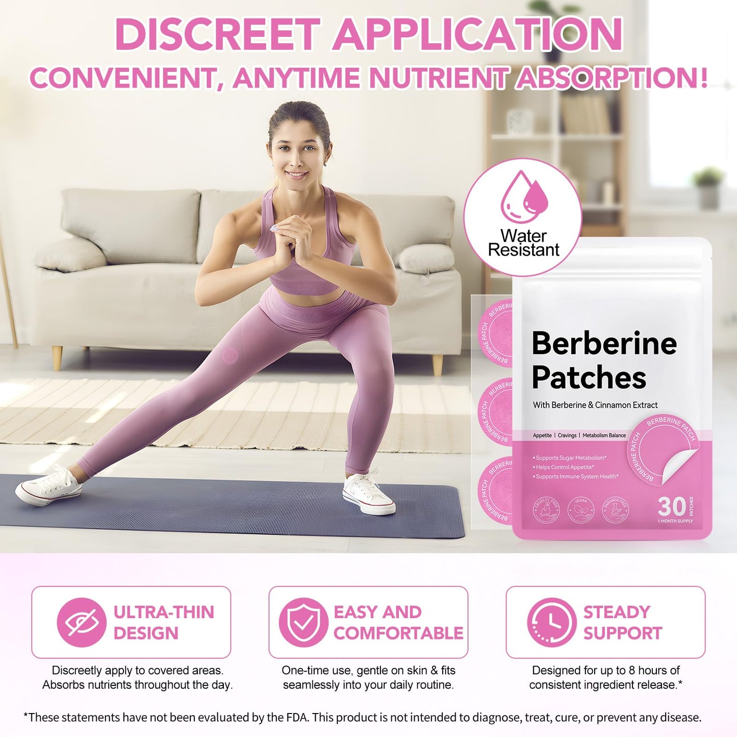 ROWKDRKB Berberine Patches, with Cinnamon, Pomegranate, 8-Hour Long-Lasting Formula Support for Women and Men, Applied to Various Parts of The Body, 30 Patches