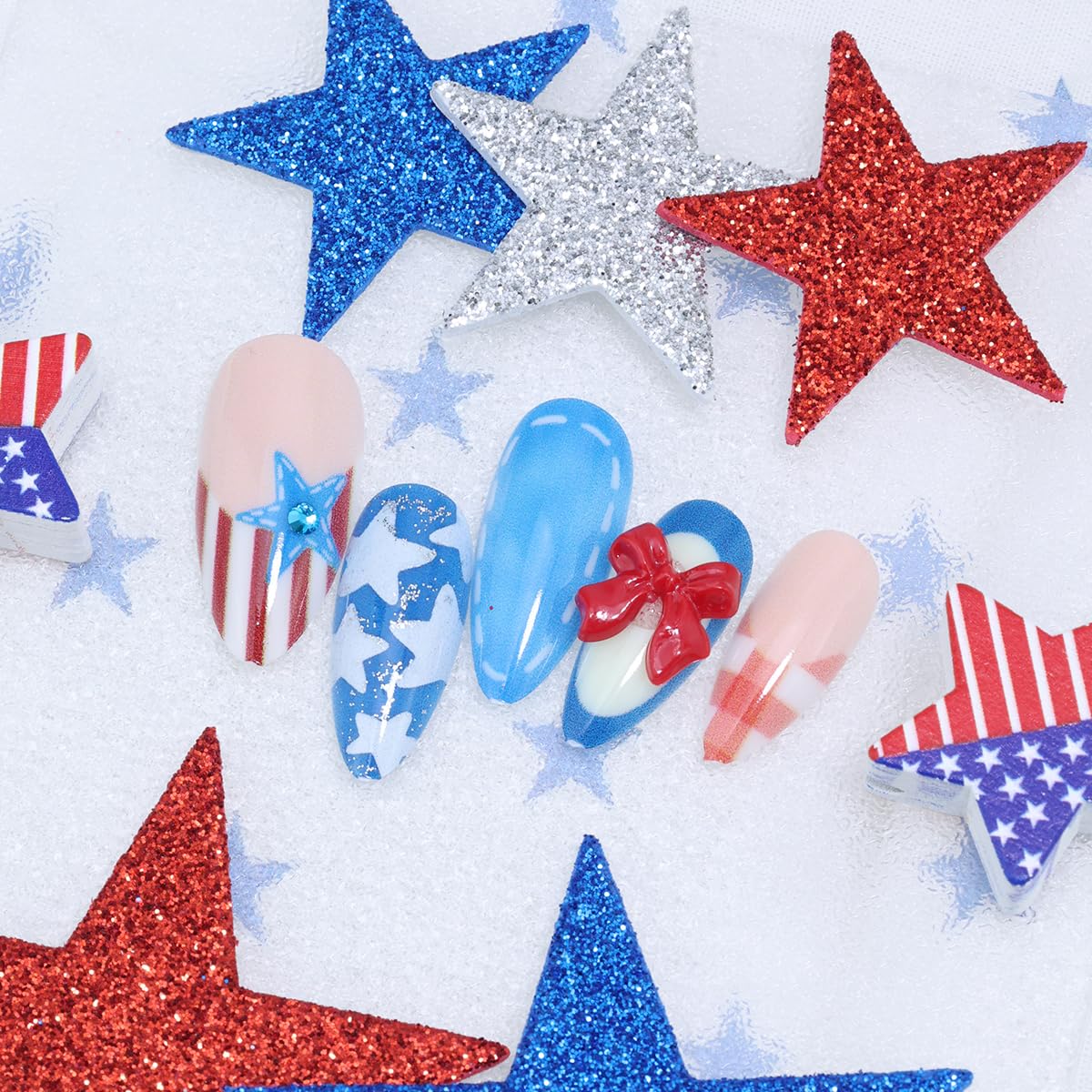 24Pcs 4th of July Press-On Nails - Medium Almond French Tip with Red, White & Blue Glitter Stars | Patriotic Acrylic Nail Designs
