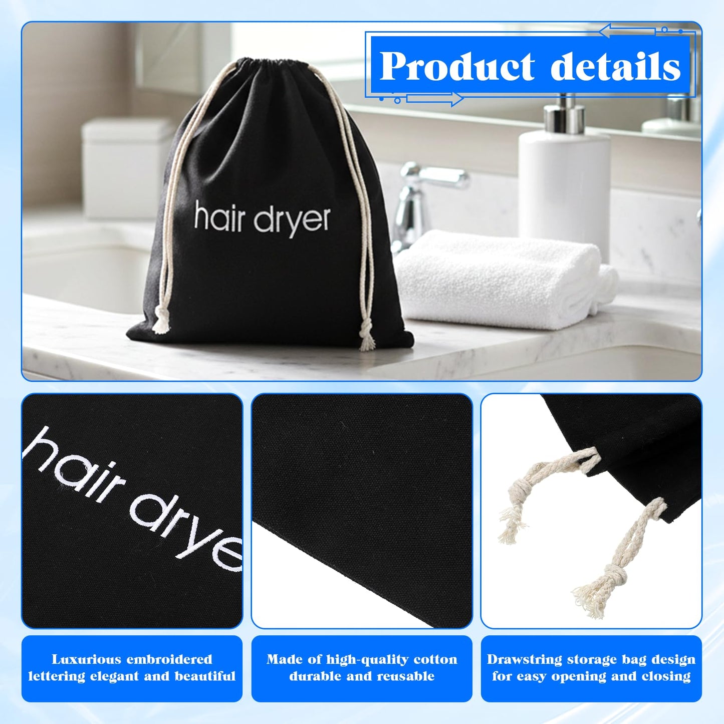 2 PCS Hair Dryer Bags, Drawstring Blow Dry Bag Organizer, Hairdryer Dust Storage Bags for Travel Bathroom (Black)