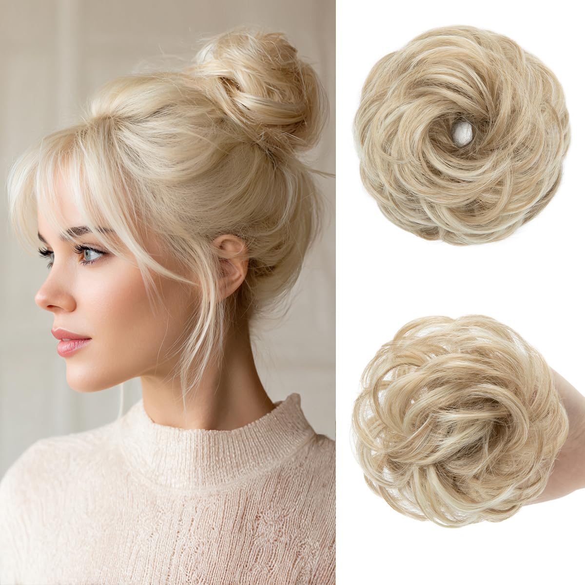 Small Messy Bun Hair Pieces for Women - Synthetic Curly Mini Scrunchies | 2PCs Pepper Brown