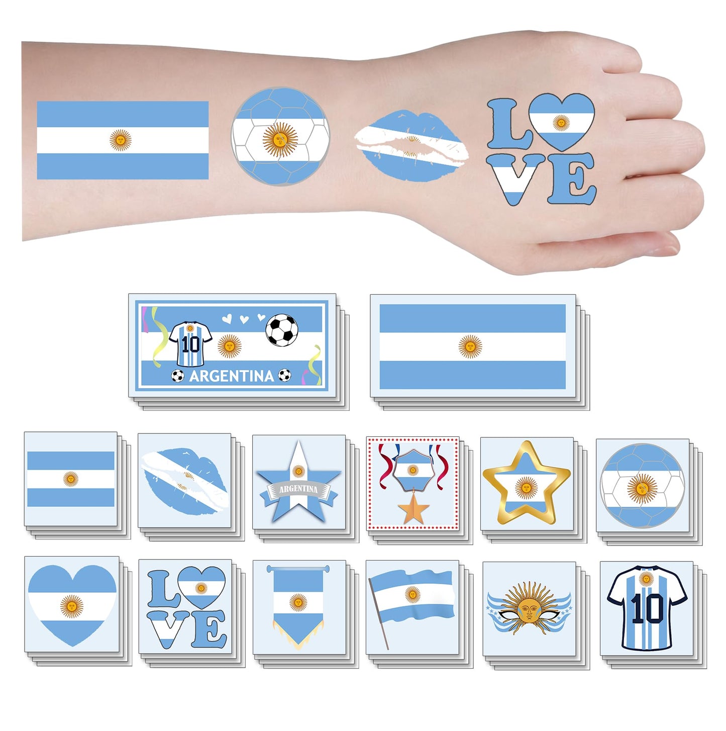 ZH BOCO ARTS 56Pcs Argentine flag Temporary Tattoos Waterproof for World Cup 2026 Adults Kids, Patriotic Face Body Art Stickers for Football Fans Sports Events Parade Festival Party Supplies