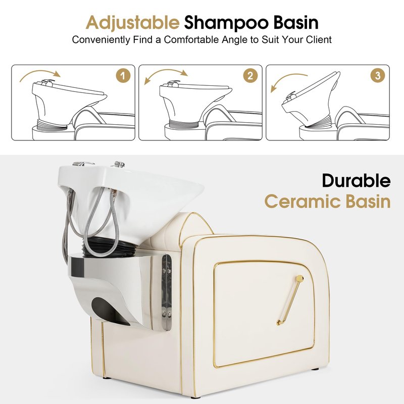 BarberPub Backwash Shampoo Chair and Bowl Set, Adjustable Porcelain Ceramic Wash Bowl Sink Unit, Luxurious Shampoo Station Chair for Spa Beauty Salon Hair Salon 9175 (Luxurious, Cream White)