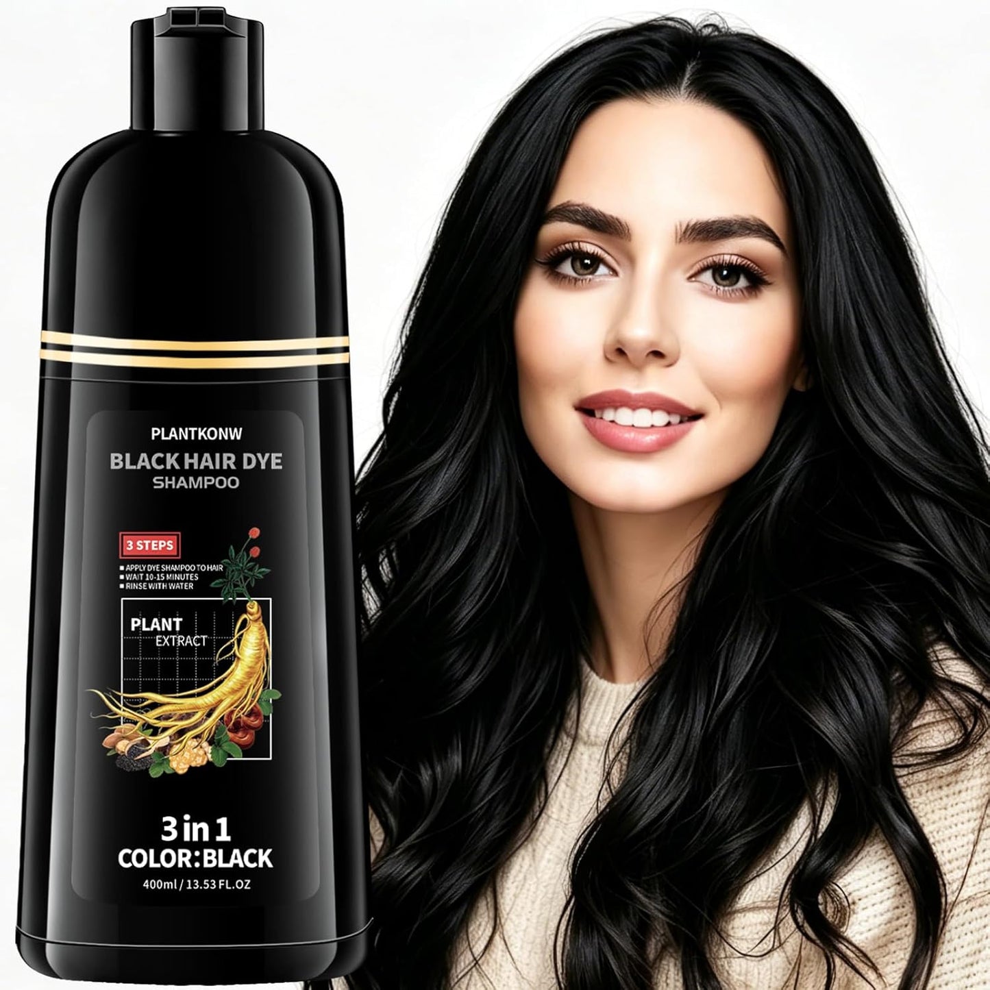 Black Hair Dye Shampoo - 3 In 1 Semi-Permanent Color for Gray Coverage | Ammonia & Paraben Free