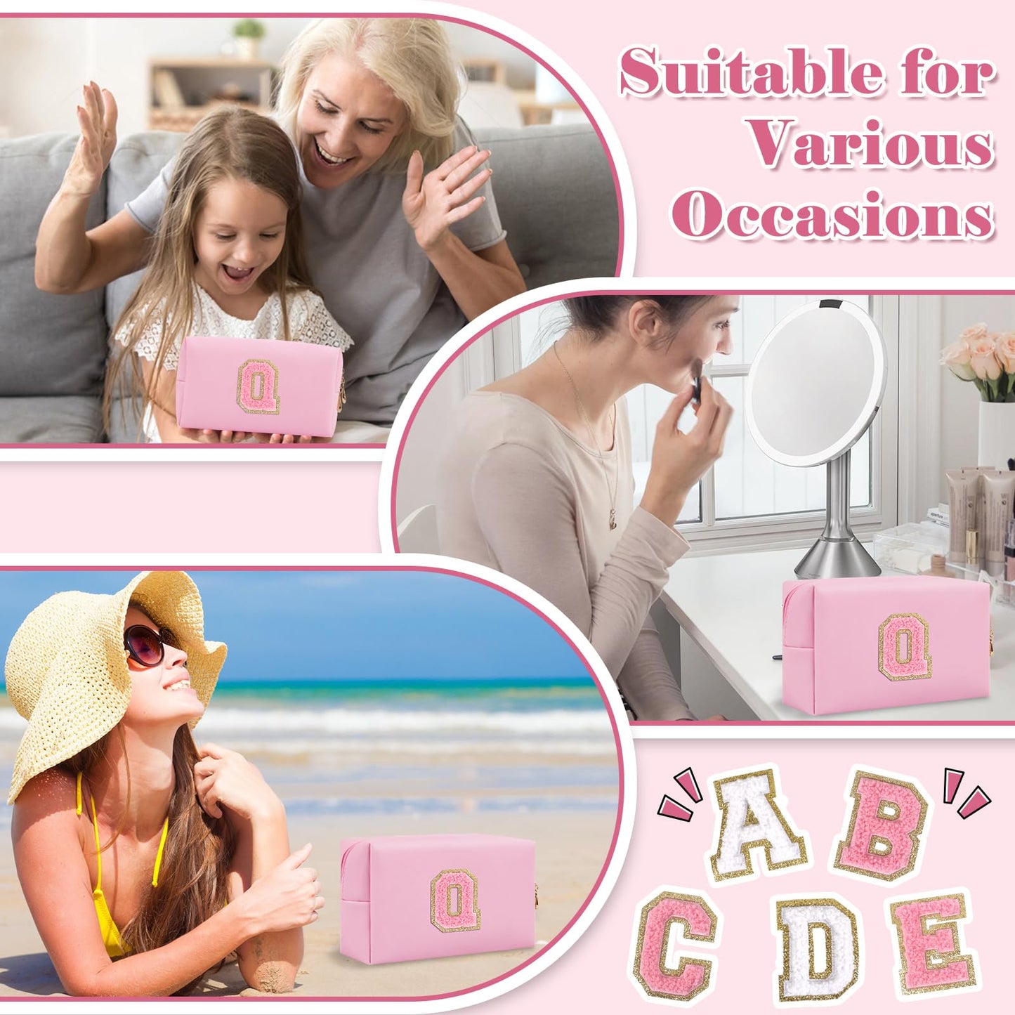 Personalized Initial A-Z Preppy Patch Makeup Bag,Small PU Leather Chenille Letter Cosmetic Bag with Zipper for Teen Girls,Pink Cute Travel Toiletry Bag,Birthday Monogrammed Gift for Daughter,Letter Q