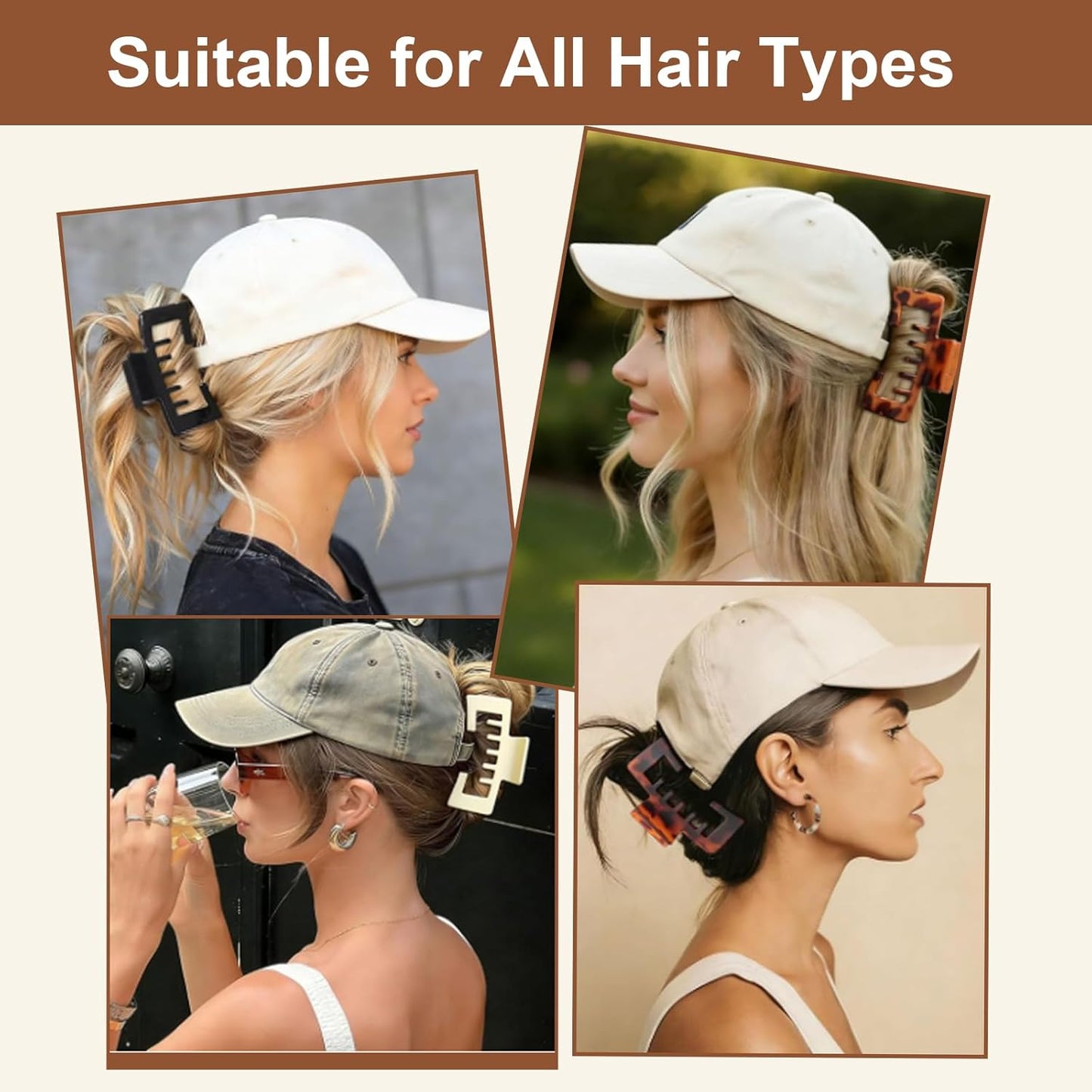 Large Hair Clips for Baseball Caps - Tortoise Shell Adjustable Claw Clips for Women | Non-Slip Strong Hold for Thick & Thin Hair