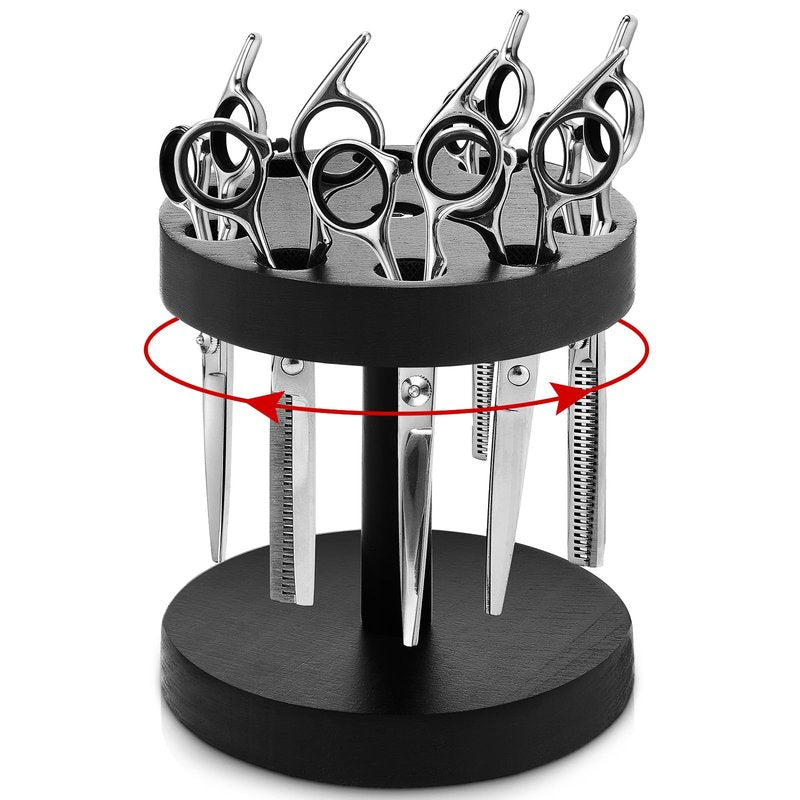Threehoney 360 Degree Rotating Scissor Holder with 10 Diameter 0.71'' Hole Wooden Barber Shears Holder Salon Hair Stylist Container Stand for Barbershop Grooming Tool Storage, Black