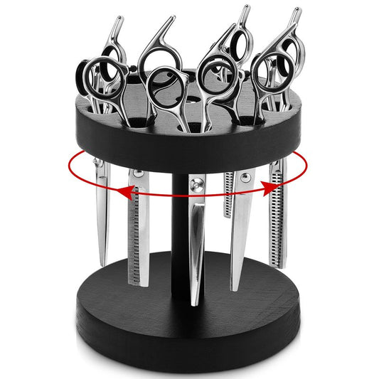Threehoney 360 Degree Rotating Scissor Holder with 10 Diameter 0.71'' Hole Wooden Barber Shears Holder Salon Hair Stylist Container Stand for Barbershop Grooming Tool Storage, Black