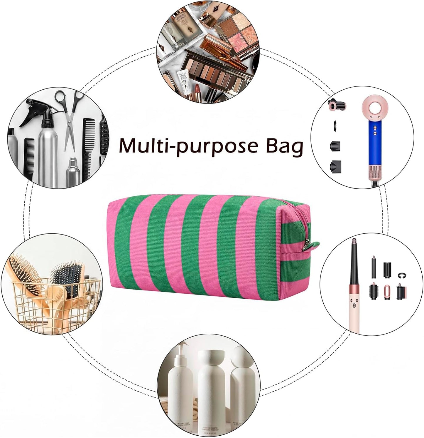 Striped Hair Tools Travel Bag - Corduroy Organizer for Hair Dryer & Flat Iron | Aesthetic Foldable Design in Pink & Green