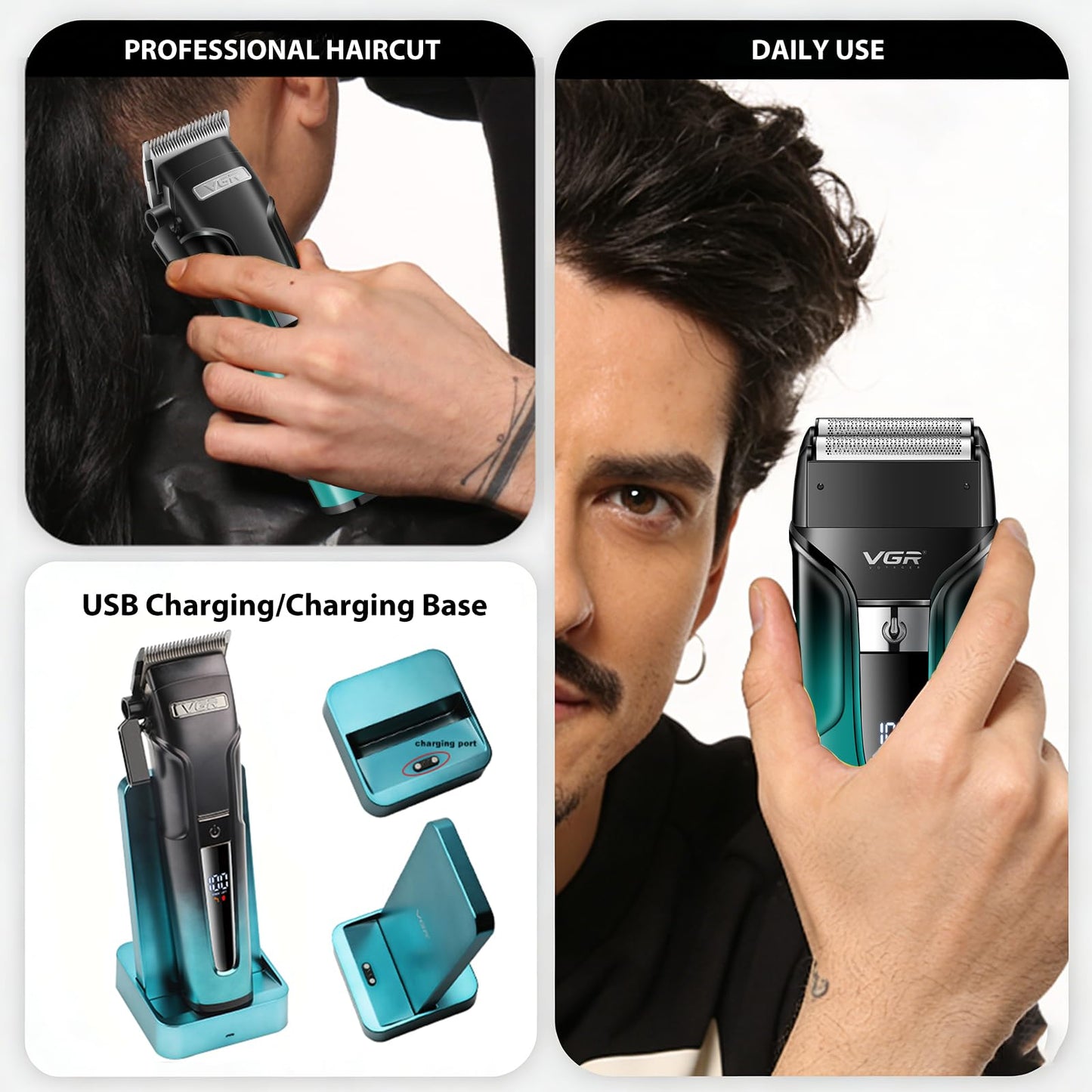 VGR 694 Hair Clippers for Men, Professional Barber Clippers and Trimmers Set, Mens Cordless Hair Cutting Kit with Foil Shaver, Charging Base & LED Display(Green)