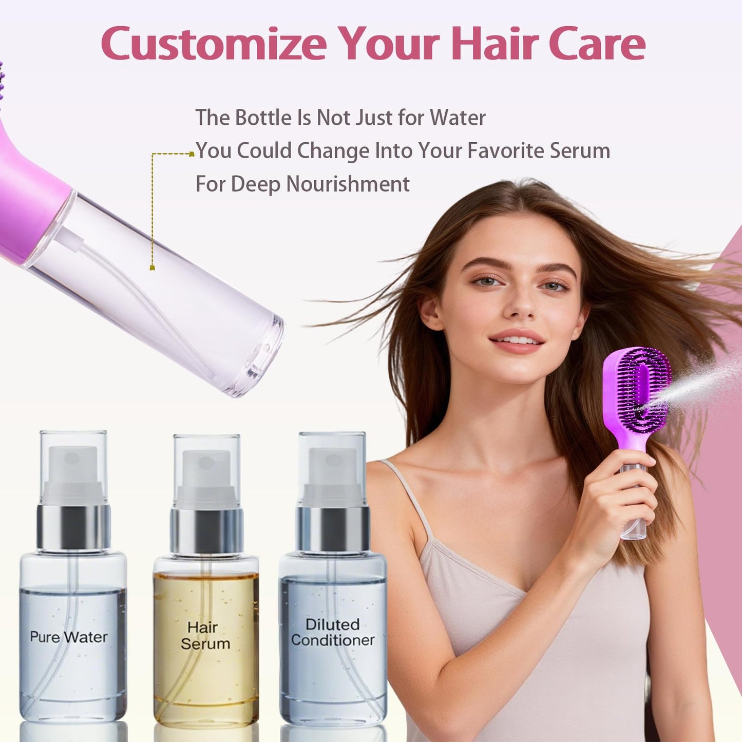Hair Brush with Water Spray, 2-in-1 Detangling Tool for Frizz Control, Works on Wet & Dry Strands, Portable Mist Comb for Thick, Curly & Fine Textures(1 Purple)