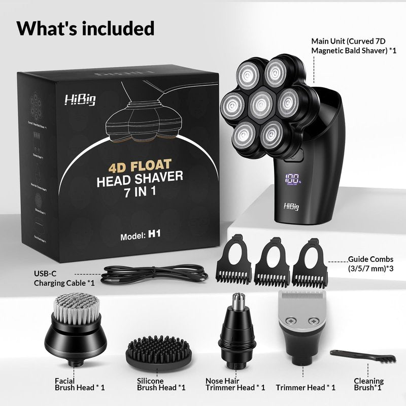 HiBig Head Shavers for Bald Men - 7D Arc Magnetic Detachable Electric Razor, Waterproof Wet Dry 5-in-1 Electric Shaving & Grooming Kit, LED Display Rechargeable Head & Body Hair Shaver, Black