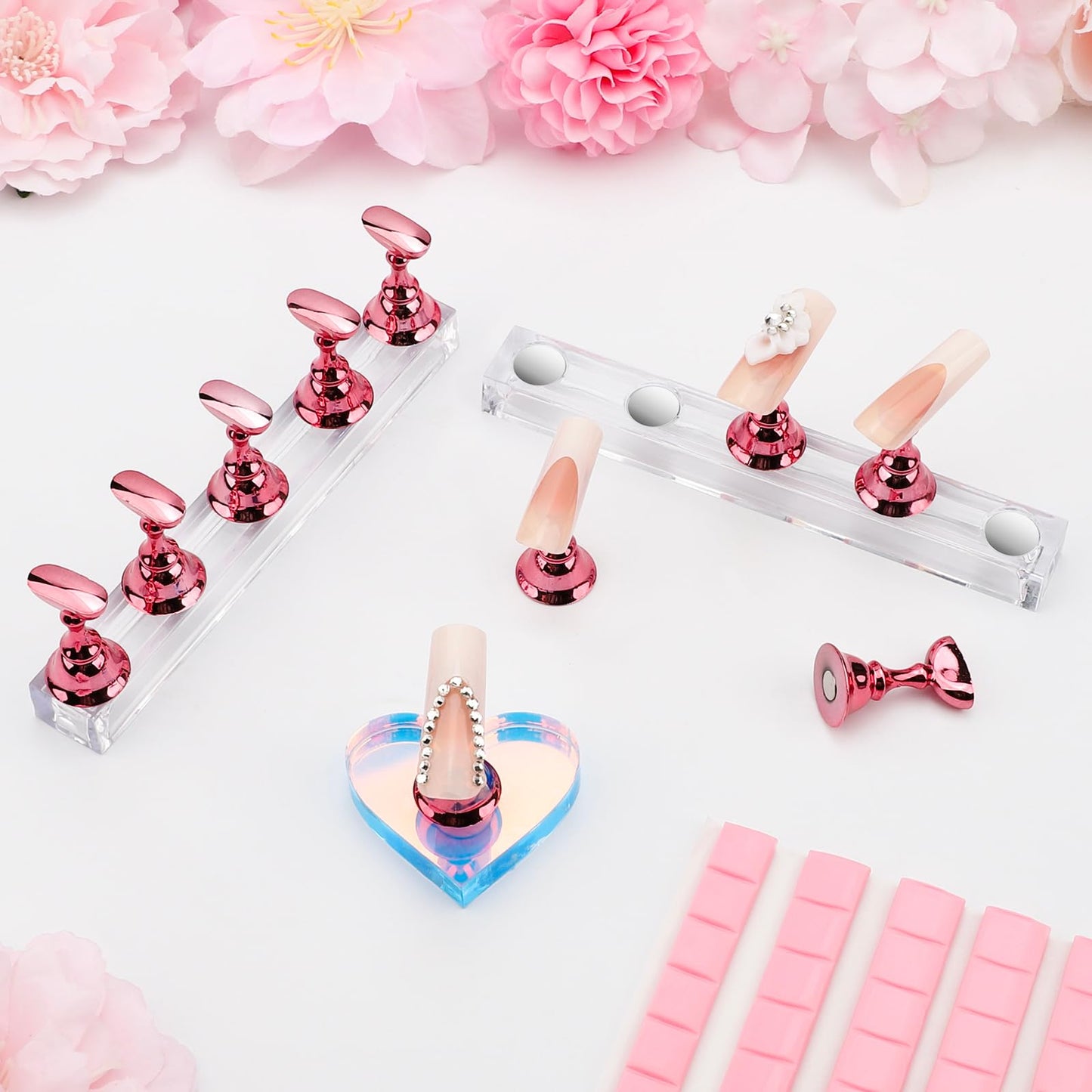 Nail Stand Acrylic Nail Art Display Stand 2 Sets Magnetic Nail Tips Practice Holder Stand DIY Display Stands for False Nail Tip Manicure Tool (Pink)