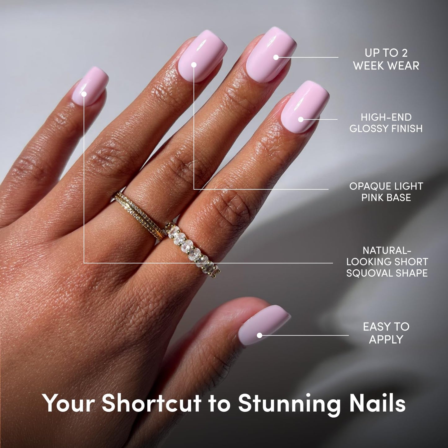 Glamnetic Press On Nails - Short Squoval Fake Nails | Glossy Light Pink Press On Nails, Salon Quality Kit with Glue | Pink Control - 30 Nail Set in 15 Sizes