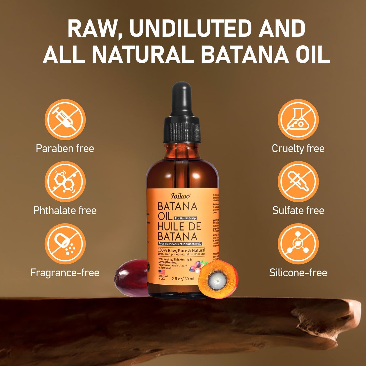 FOIKOO Batana Oil for Hair Growth Dr Sebi Organic, 100% Raw Pure & Natural Botana Oil from Honduras, Deeply Nourishing Scalp for Hair Thicker and Stronger (2 Fl Oz, Pure)