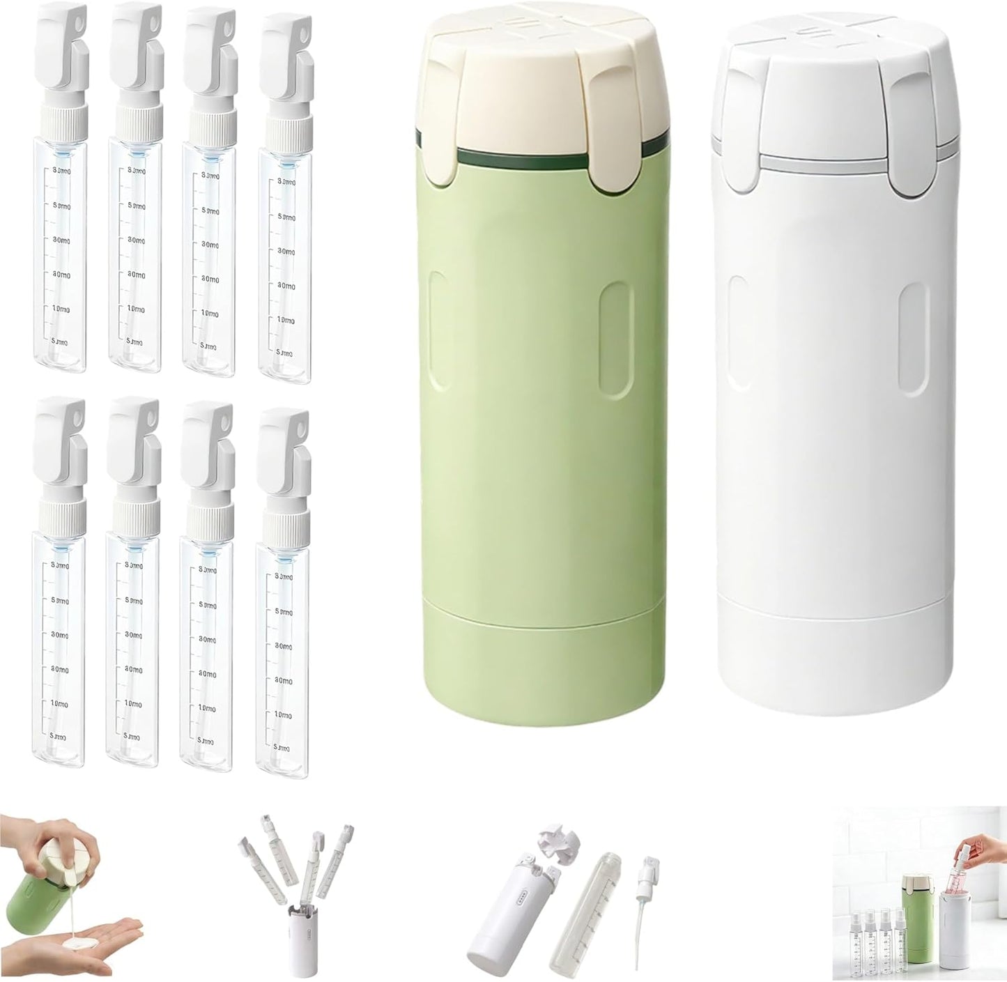 Travel Toiletry Dispenser Set - 4 in 1 Refillable 30ML Travel Bottles for Shampoo & More | Green