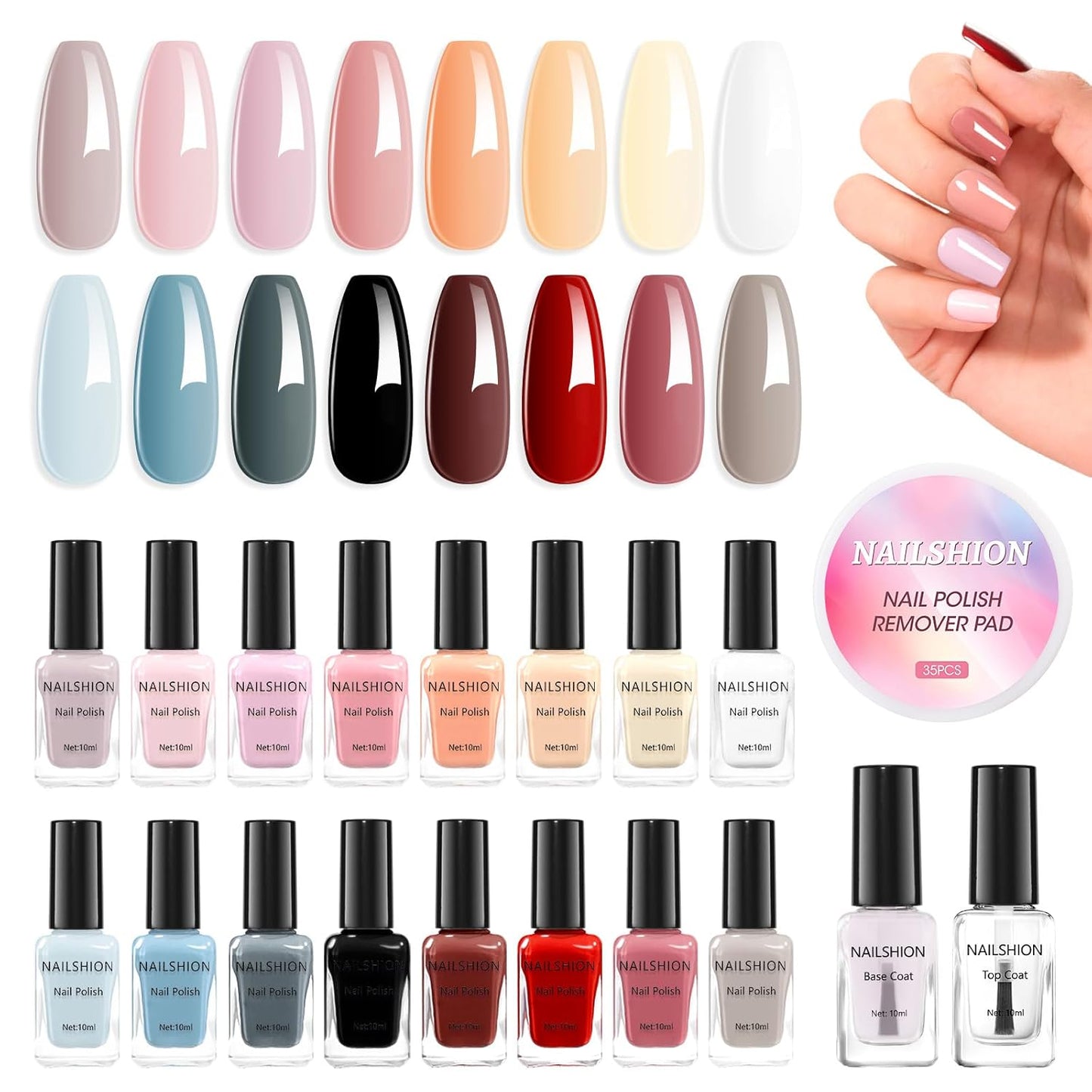 Rainbow Nail Polish Set - 10ml, 16 Colors | Air Dry, Base & Top Coat, Remover Pads for Nail Art Lovers