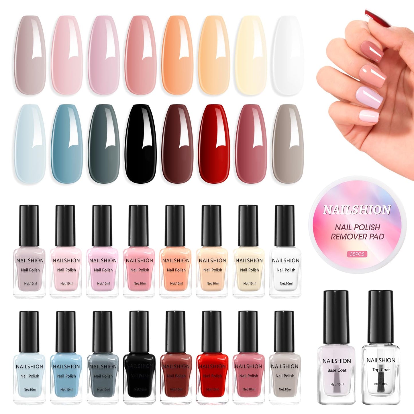 Nailshion Nude Gray Nail Polish Set Neutral 16 Colors with Base Top Coat
