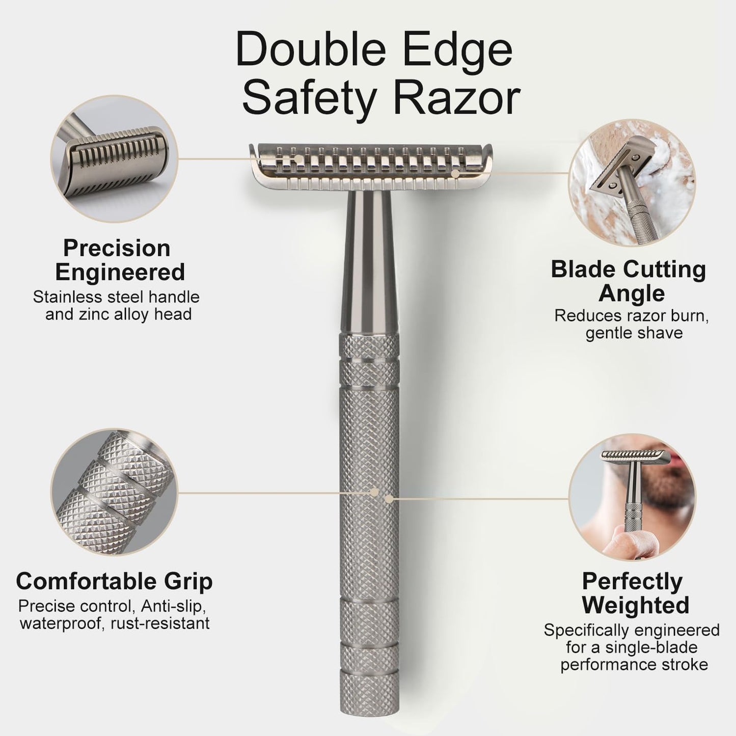 Double Edge Safety Razors for Men, Single Blade Razor, Stainless Steel Reusable Metal Razor, with 10 Platinum Coating Double Edge Blades, Smooth Close Gentle Shave, Plastic Free, Zero Waste, Silver