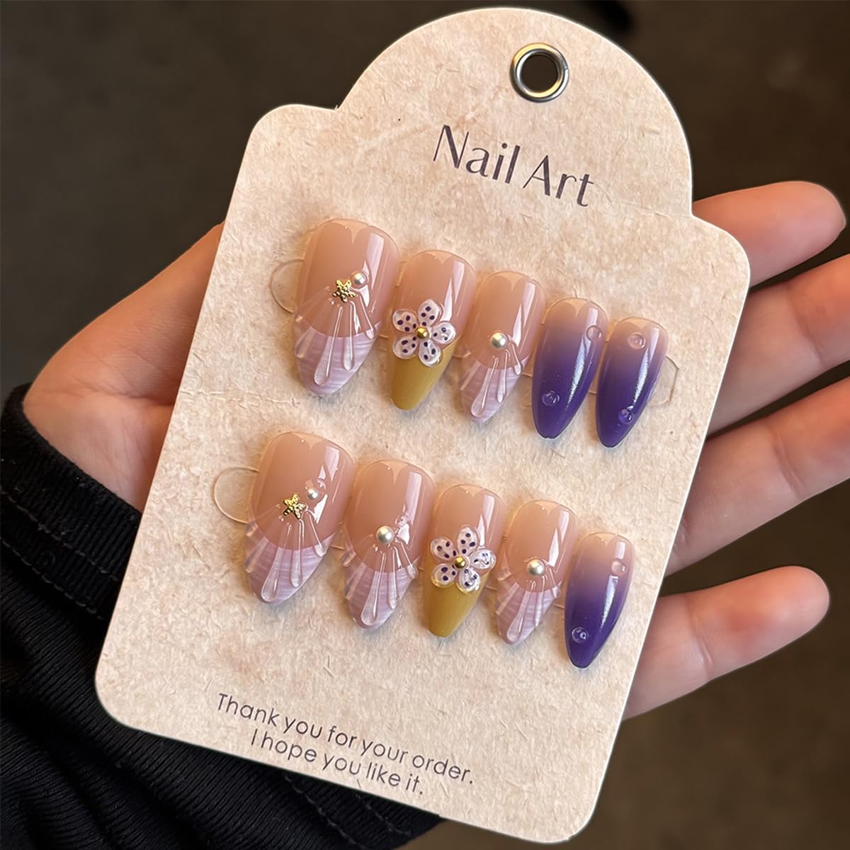 24Pcs Flower Press on Nails Medium Almond Fake Nails Spring Summer Full Cover Glue on Nail French Tip False Nails With Gold Bead Starfish Shell Designs Cute Floral Stick on Nail for Women Acrylic Set