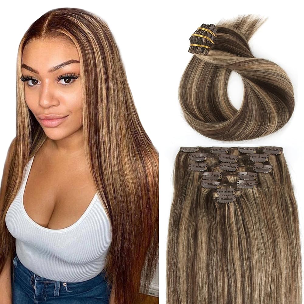 P427 Blonde Clip in Hair Extensions Real Human Hair, 16 Inch 120g/7Pcs,Full Shine Remy Human Hair,Highlight Brown Straight Clip ins Brazilian Virgin Human Hair Extensions