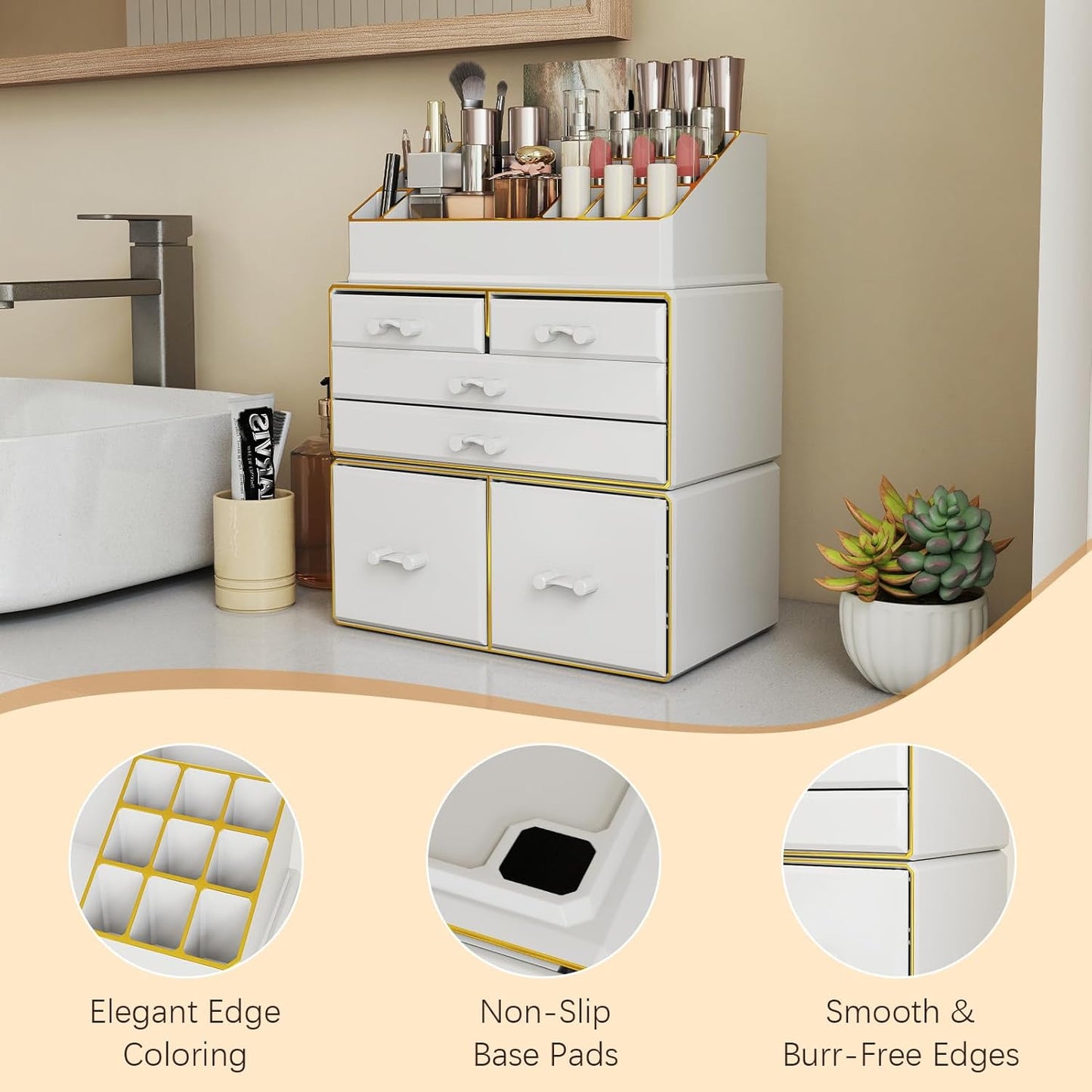 3-Tier 6-Drawer Makeup Organizer - Stylish Countertop Cosmetic Storage for Dresser & Vanity | White with Gold Edges