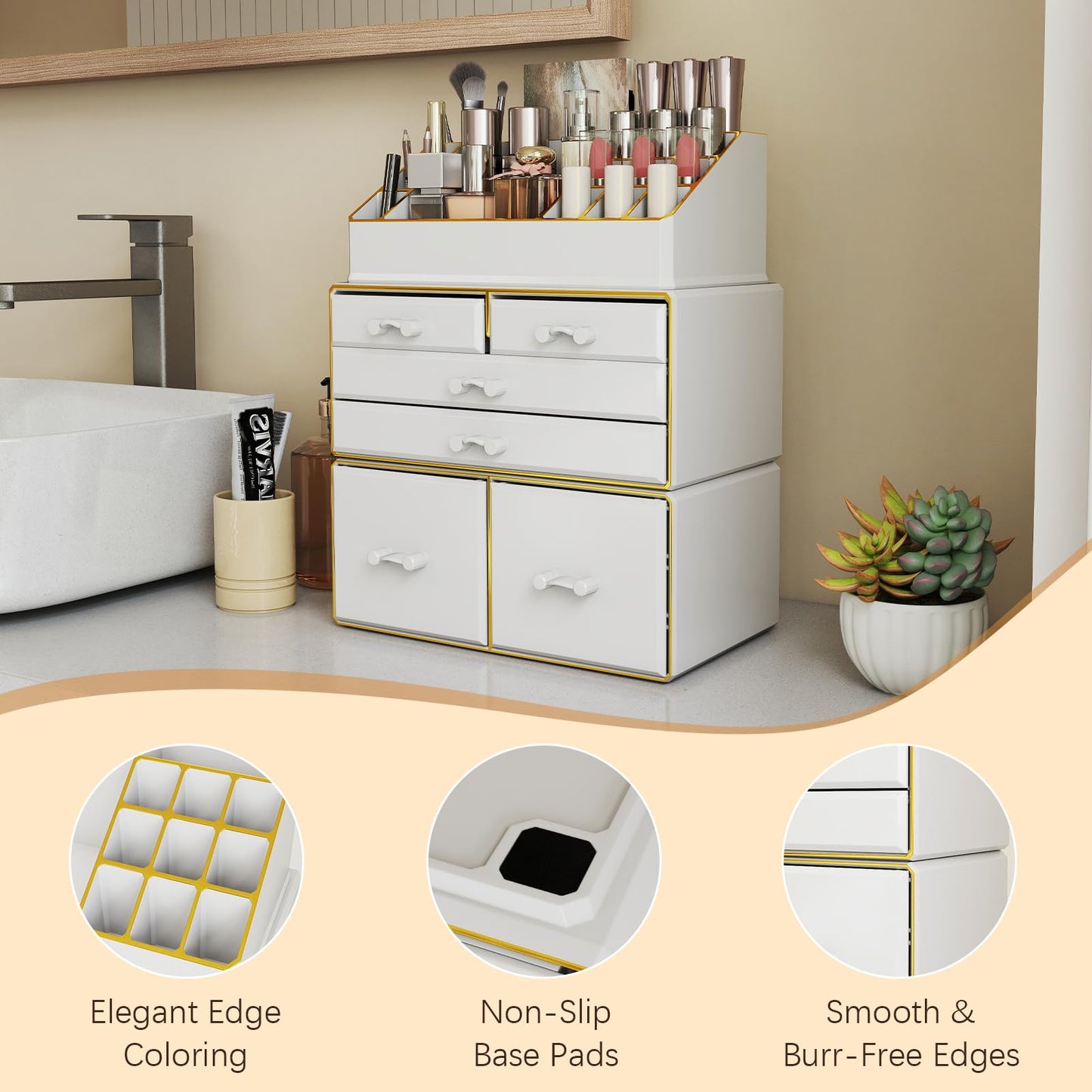 Delamu 3-Tier 6-Drawer Makeup Organizer Countertop Cosmetic Organizer for Dresser and Vanity Bathroom Organizers and Storage for Lipstick Brush Skincare Perfume, Nail Polish, White with Gold Edges