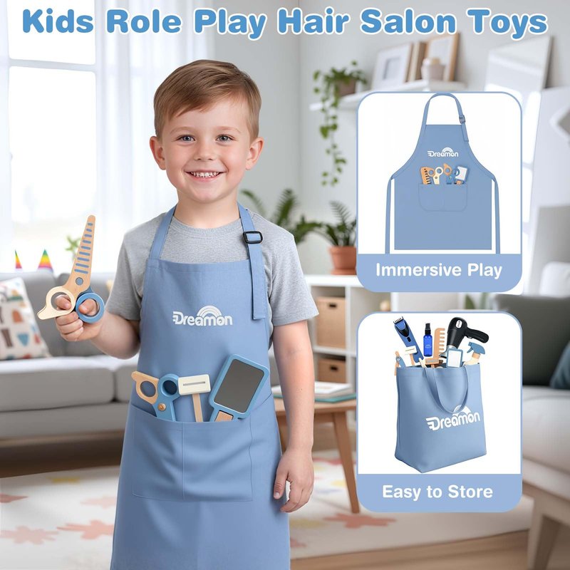 Barber Shop Pretend Play Set, Kids Shaving Kit Wooden Hair Salon Toys for Boys with Wearable Beard, Electric Shaver, Blow Dryer, Tool Bag, Toddler Role Play Barber Accessories for Boys & Girls Gifts