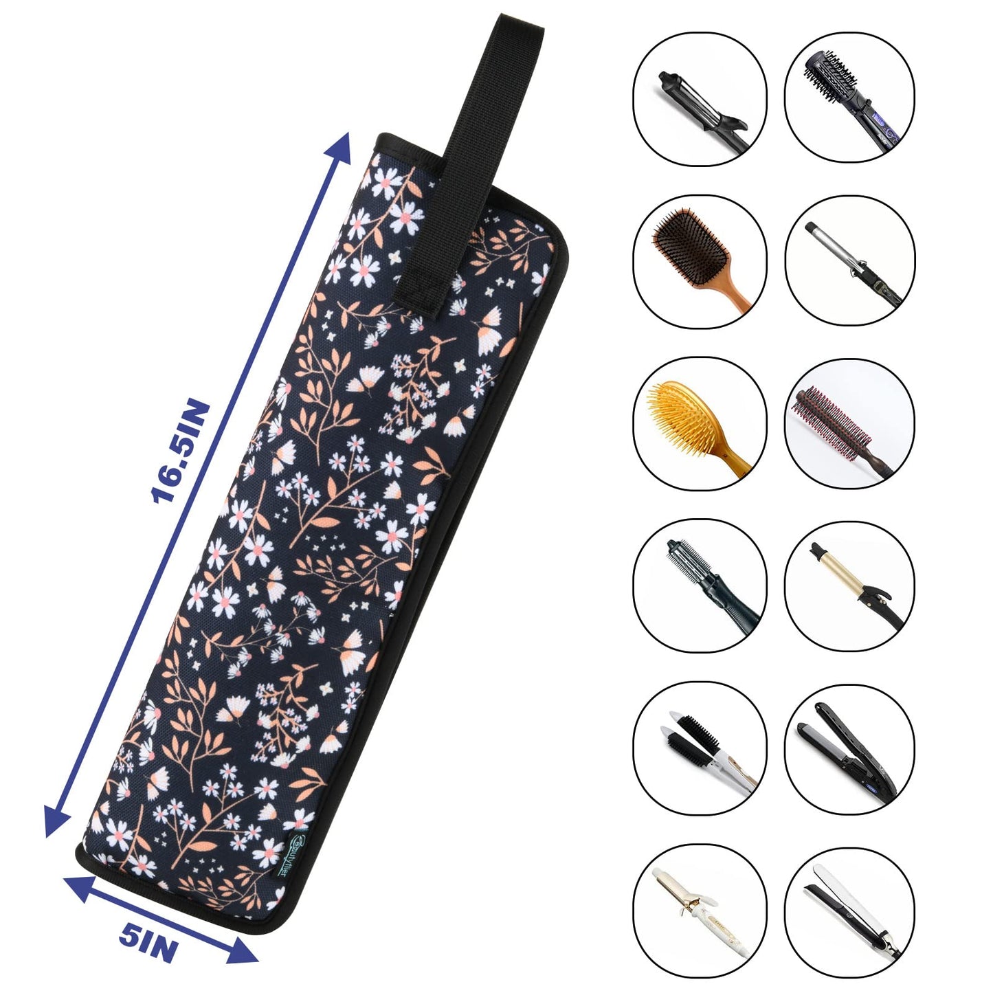 Beautyflier Universal Curling Iron Travel Case, Canvas Heat-Resistant Curling & Flat Iron Holder Travel Case, Hot Curling Iron Holder for Hair Tools Travel Bag or Daily Use (White & Black Flower)